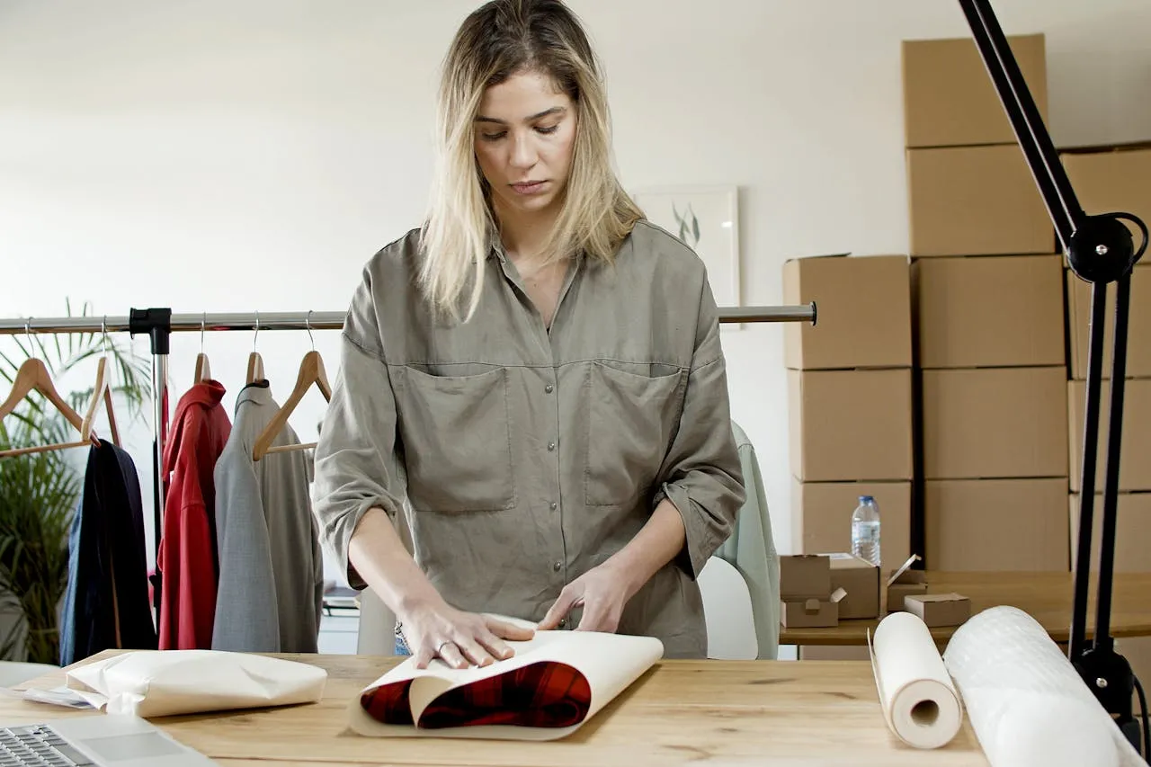 Une femme se tient à une table en train de plier du tissu dans un espace de travail, avec des vêtements sur une étagère derrière elle et des boîtes en carton empilées à l'arrière-plan, montrant des idées de revenus complémentaires pour les parents célibataires par le biais d'un travail créatif qui pourrait prospérer sur les plates-formes de freelancing 2025.