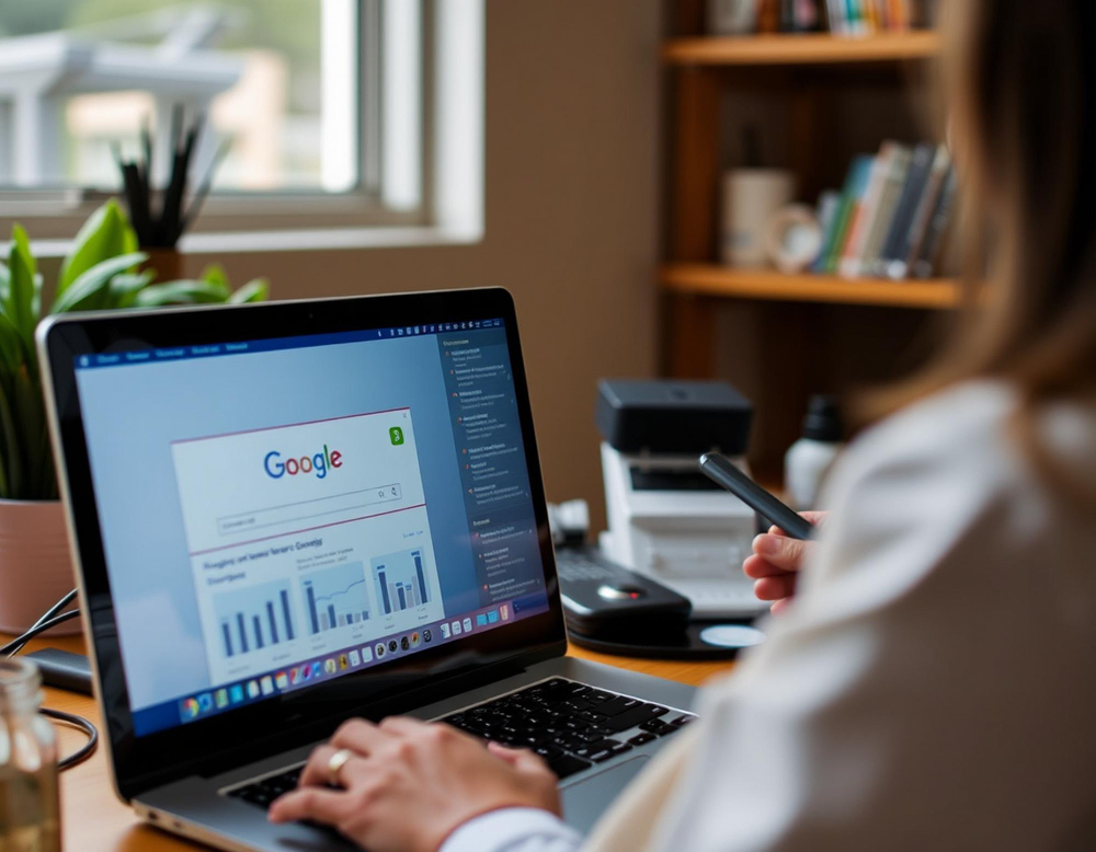 Une personne est assise à un bureau et utilise un ordinateur portable affichant une page de recherche Google et des graphiques. Elle tient un smartphone, tandis que des livres, des plantes et des fournitures de bureau sont visibles à l'arrière-plan, près d'une fenêtre.